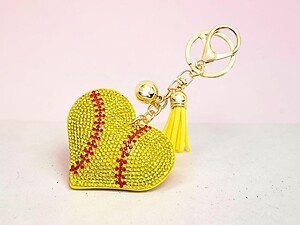 Softball Heart Tassel Bling Faux Suede Stuffed Pillow Key Chain Handbag Charm