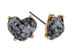 Black & Goldtone Glitter Rhinestone Heart Post Pin Earrings