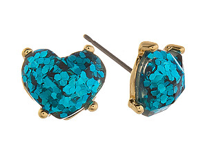 Blue Glitter Rhinestone Heart Post Pin Earrings