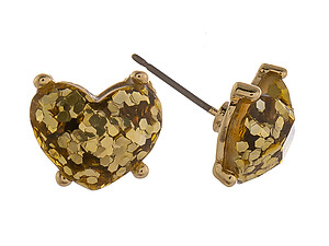 Gold Glitter Rhinestone Heart Post Pin Earrings