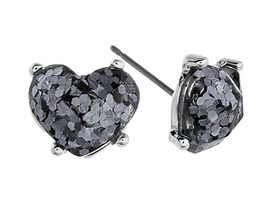 Black & Silvertone Glitter Rhinestone Heart Post Pin Earrings
