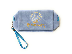 Blue Faux Leather Beauty Cosmetic Travel Pouch with Detachable Wristlet