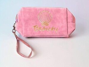 Pink Faux Leather Beauty Cosmetic Travel Pouch with Detachable Wristlet