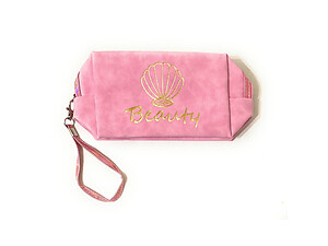 Pink Faux Leather Beauty Cosmetic Travel Pouch with Detachable Wristlet