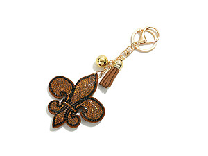 Brown Fleur De Lis Tassel Bling Faux Suede Stuffed Pillow Key Chain Handbag Charm