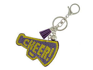 Purple & Yellow Cheer Bullhorn Faux Suede Tassel Stuffed Pillow Key Chain Handbag Charm
