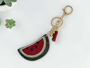 Watermelon Slice Faux Suede Tassel Stuffed Pillow Key Chain Handbag Charm