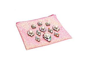 Colorful & Fun Glitter Jewel & Acrylic Accented Top Zipper Fashion Clutch ~ Style 6191