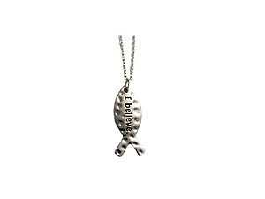 Silvertone Hammered Pattern Fish Shaped I Believe Necklace