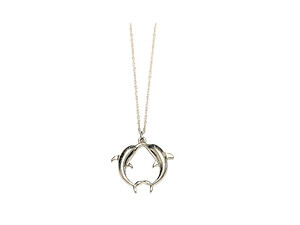 Silvertone Modern Metallic Twin Dolphins Pendant Necklace