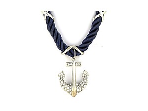 Navy & Silvertone Anchor Pendant Nylon Cord Necklace Set