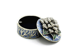 Blue Deco Enamel and Crystal Flower Jewelry Trinket Box