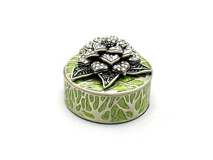 Green Deco Enamel and Crystal Flower Jewelry Trinket Box