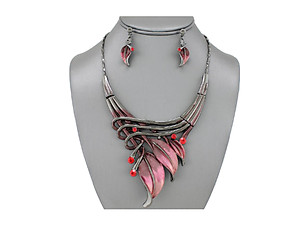Red Etched Metal Leaf Art Deco Style Collar Necklace Stud Earrings Set