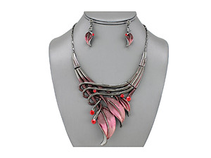 Red Etched Metal Leaf Art Deco Style Collar Necklace Stud Earrings Set