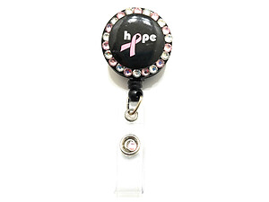 Black Hope Pink Ribbon Retractable Bling Button Reel