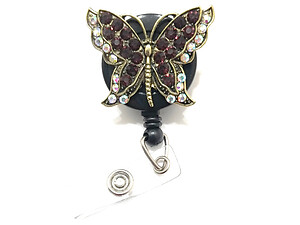 Purple Butterfly Retractable Bling Reel ID Card Badge Holder