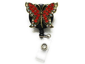Red Butterfly Retractable Bling Reel ID Card Badge Holder