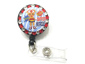 Blue Stripes Retractable Bling Super Nurse Button Reel ID Holder