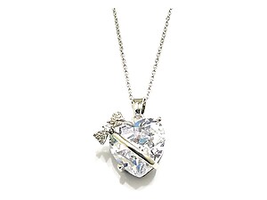 Clear Bow Tied Heart Rhinestone Pendant Necklace