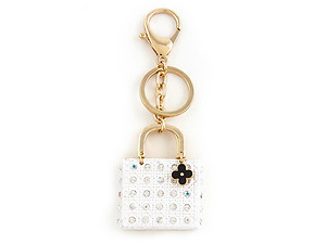 White Crystal Stud Enamel Handbag Ornate Keychain