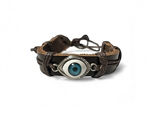 Black Leather Band Evil Eye Good Luck and Protection Bracelet