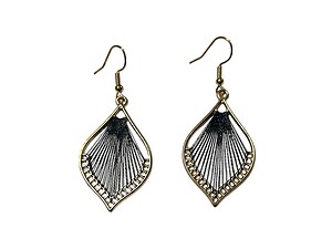 Goldtone Black Teardrop String Art Fish Hook Dangle Earrings