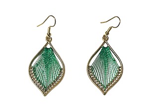 Goldtone Green Teardrop String Art Fish Hook Dangle Earrings