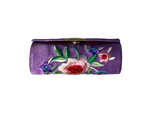 Purple Satin Embroidery Lipstick Case Holder w/ Mirror