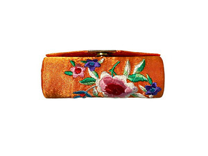 Orange Satin Embroidery Lipstick Case Holder w/ Mirror