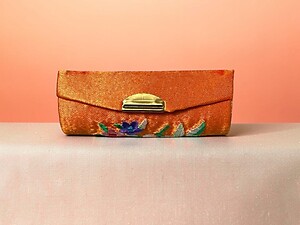 Orange Satin Embroidery Lipstick Case Holder w/ Mirror