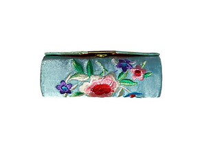 Blue Satin Embroidery Lipstick Case Holder w/ Mirror