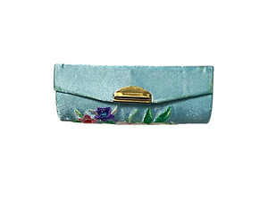 Blue Satin Embroidery Lipstick Case Holder w/ Mirror