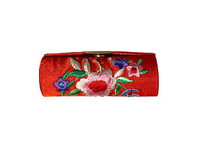 Red Satin Embroidery Lipstick Case Holder w/ Mirror