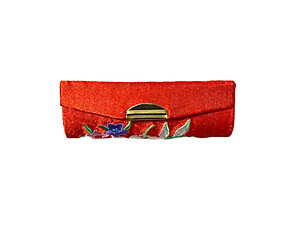 Red Satin Embroidery Lipstick Case Holder w/ Mirror