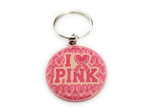 Pink Ribbon Key Chain w/ Metal Medallion Design on Back ~ Style 291D