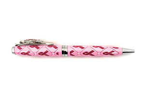 Colorful Ballpoint Pen with Pink Ribbon Emblem on Clip Gift Pen w/ Gift Pouch