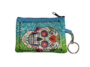 Sugar Skull Colorful & Fun Neoprene Wallet Coin Purse w/ Key Ring