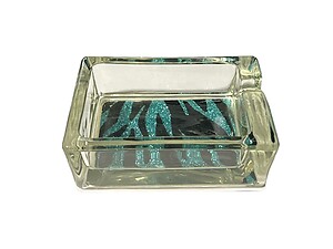 Aqua Blue & Black Animal Print Glass & Fur Ashtray For Cigarettes & More