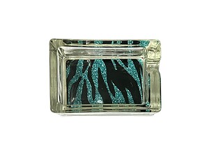 Aqua Blue & Black Animal Print Glass & Fur Ashtray For Cigarettes & More