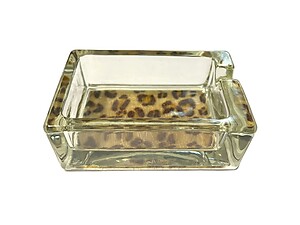 Tan & Black Animal Print Glass & Fur Ashtray For Cigarettes & More