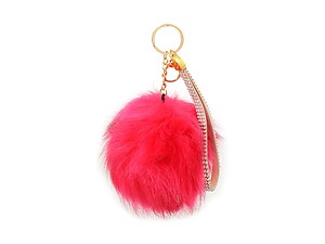 Fuchsia Faux Fur Pom Pom and Suede Jeweled Hand Holder Keychain