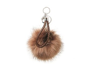 Brown Fur Pom Pom Keychain with Brown Leather Cord