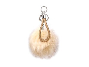 Camel Brown Fur Pom Pom Keychain with Brown Leather Cord