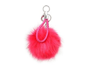 Fuschia Fur Pom Pom Keychain with Fuschia Leather Cord