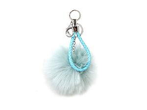 Light Blue Fur Pom Pom Keychain with Blue Leather Cord