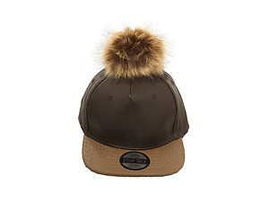 Brown Faux Leather Pom Pom Snapback Baseball Hat Cap w/ Watch Strap Closure