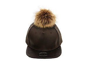 Dark Brown Faux Leather Pom Pom Snapback Baseball Hat Cap w/ Watch Strap Closure