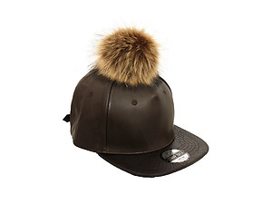 Dark Brown Faux Leather Pom Pom Snapback Baseball Hat Cap w/ Watch Strap Closure