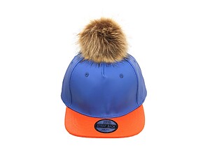 Blue and Orange Faux Leather Pom Pom Snapback Baseball Hat Cap w/ Watch Strap Closure